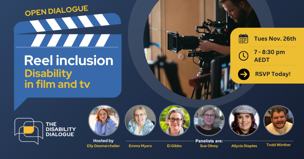 An Open Dialogue scheduled for November 26th at 7pm AEDT. Panelists include Elly Desmarchelier, Emma Myers, El Gibbs, Sue Olney, Allycia Staples and Todd Winther.